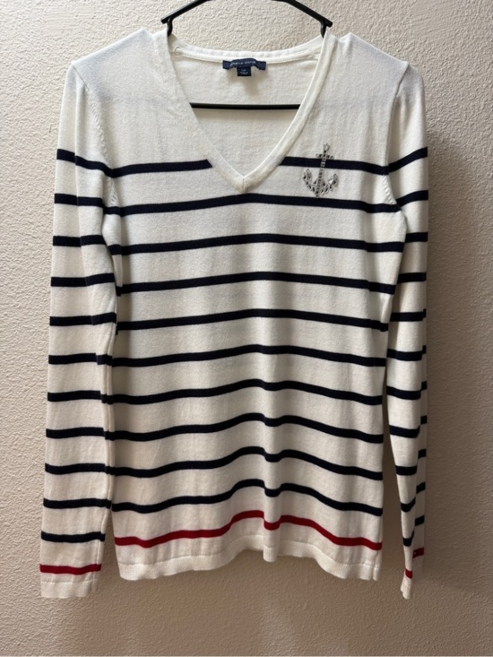 Tommy Hilfiger Sweater S White Navy Striped Anchor Rhinestone V-Neck Cotton Knit